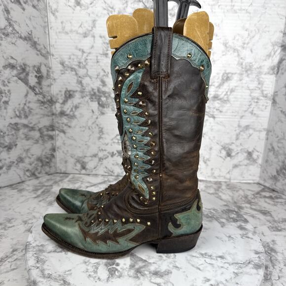 Stetson Thunderbird Studded Eagle Boot Size 7.5 Western Brown Turquoise Leather - Picture 5 of 11